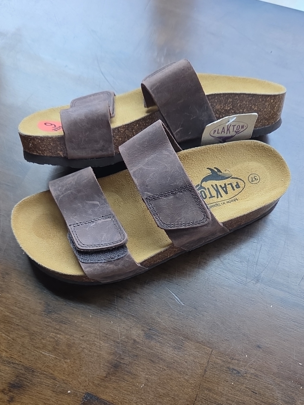 Plakton Size 6 Women's Brown Double Velcro Strap Cork Slide Sandals NEW
